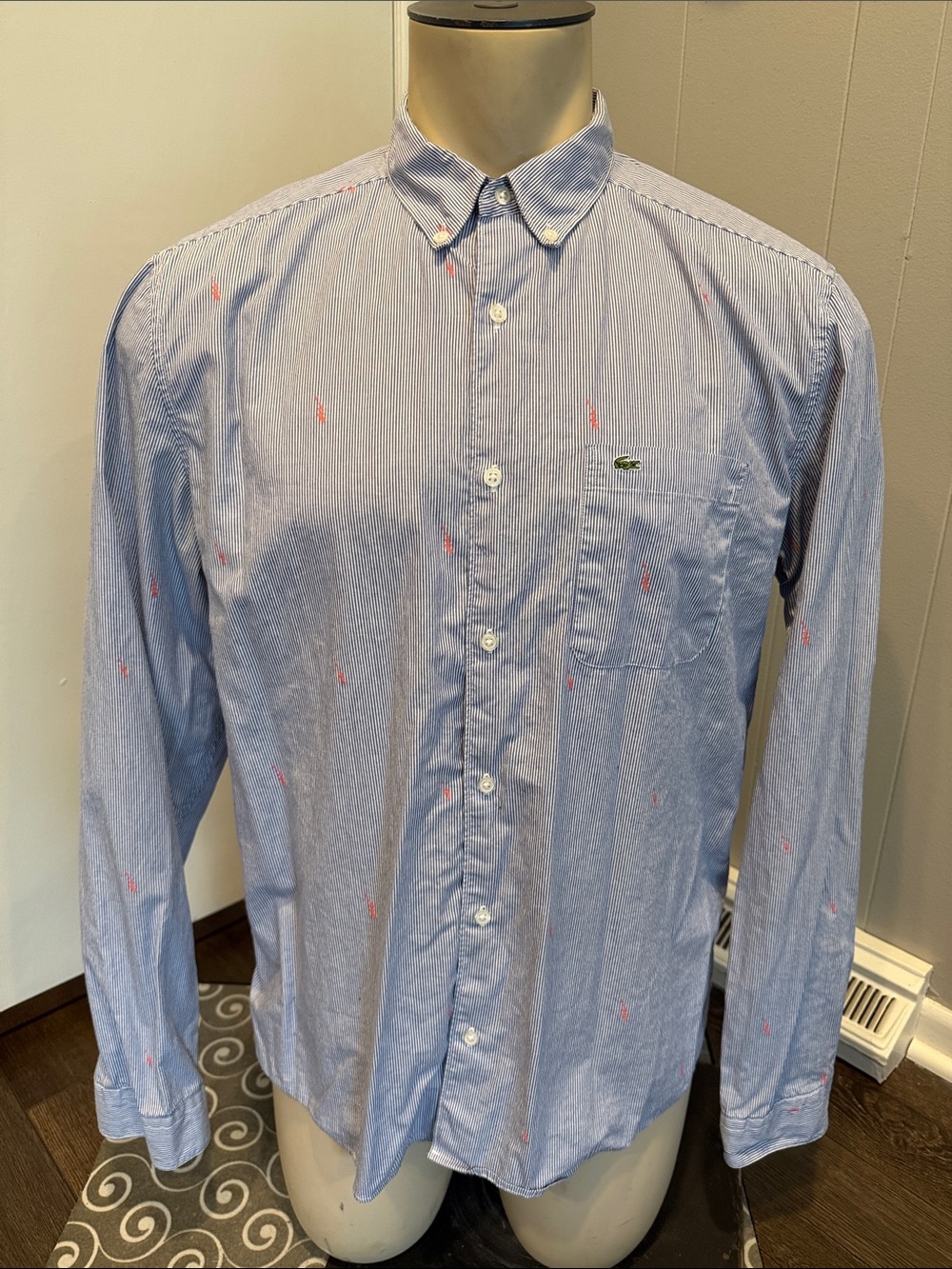 Lacoste Men’s 43 Light Blue Pinstripe Button-Down Shirt Pink Motifs